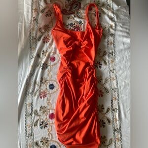 Orange Ruched Dress with cutout